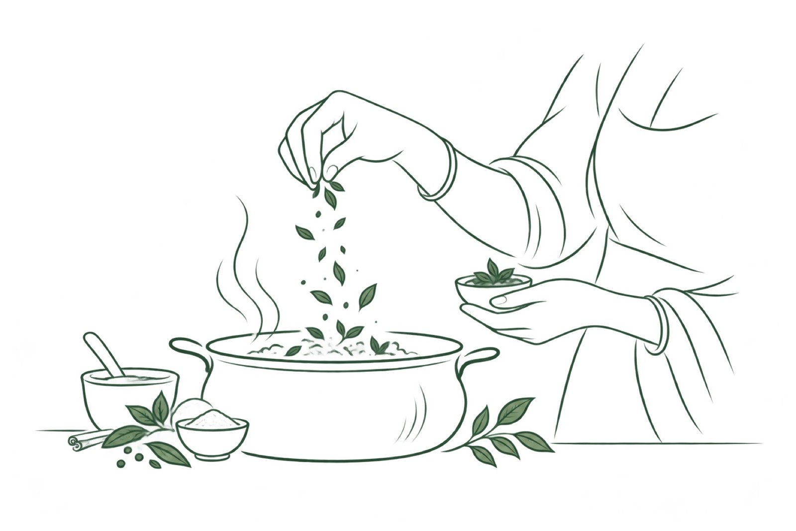 A mother's touch — fresh herbs added to a simmering pot